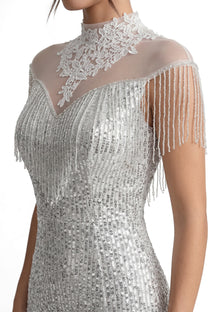 Éléonore High-Neck Sequin Mermaid Gown With Tassel Shoulder Detail - Silver