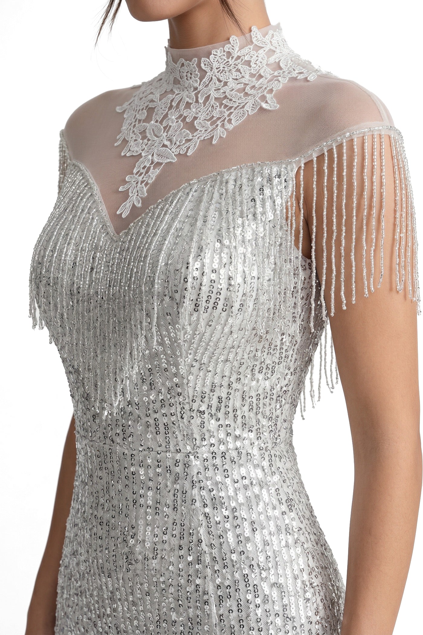 Éléonore High-Neck Sequin Mermaid Gown With Tassel Shoulder Detail - Silver