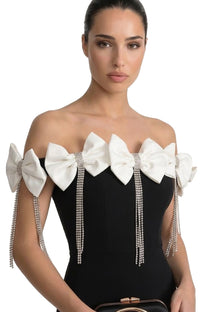 Célimène Off-Shoulder Dress With Bow Embellishments And Crystal Fringe - Black