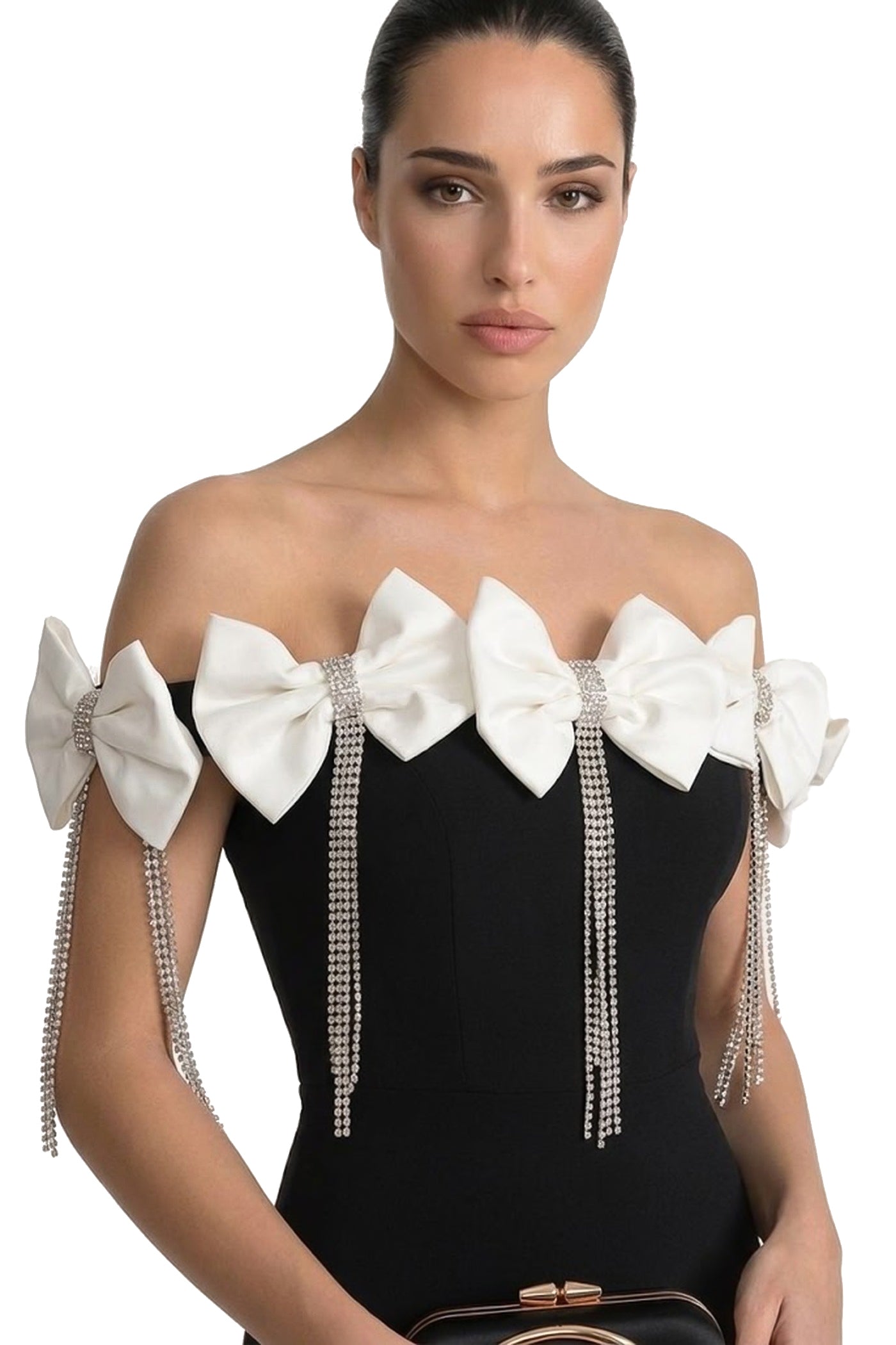 Célimène Off-Shoulder Dress With Bow Embellishments And Crystal Fringe - Black
