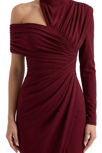 Charline Draped Cold-Shoulder Midi Dress With Front Slit - Burgundy