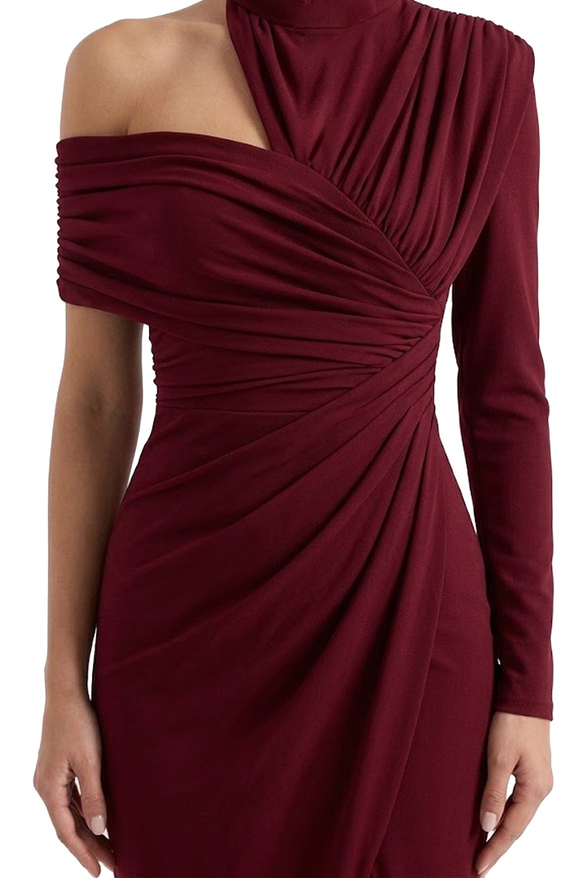 Charline Draped Cold-Shoulder Midi Dress With Front Slit - Burgundy