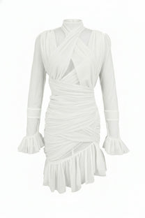 Théa High-Neck Ruched Mini Dress With Side Ruffle - White