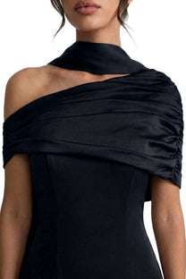 Ambrine Satin Column Gown With Draped Shoulder Wrap And High Neck - Black