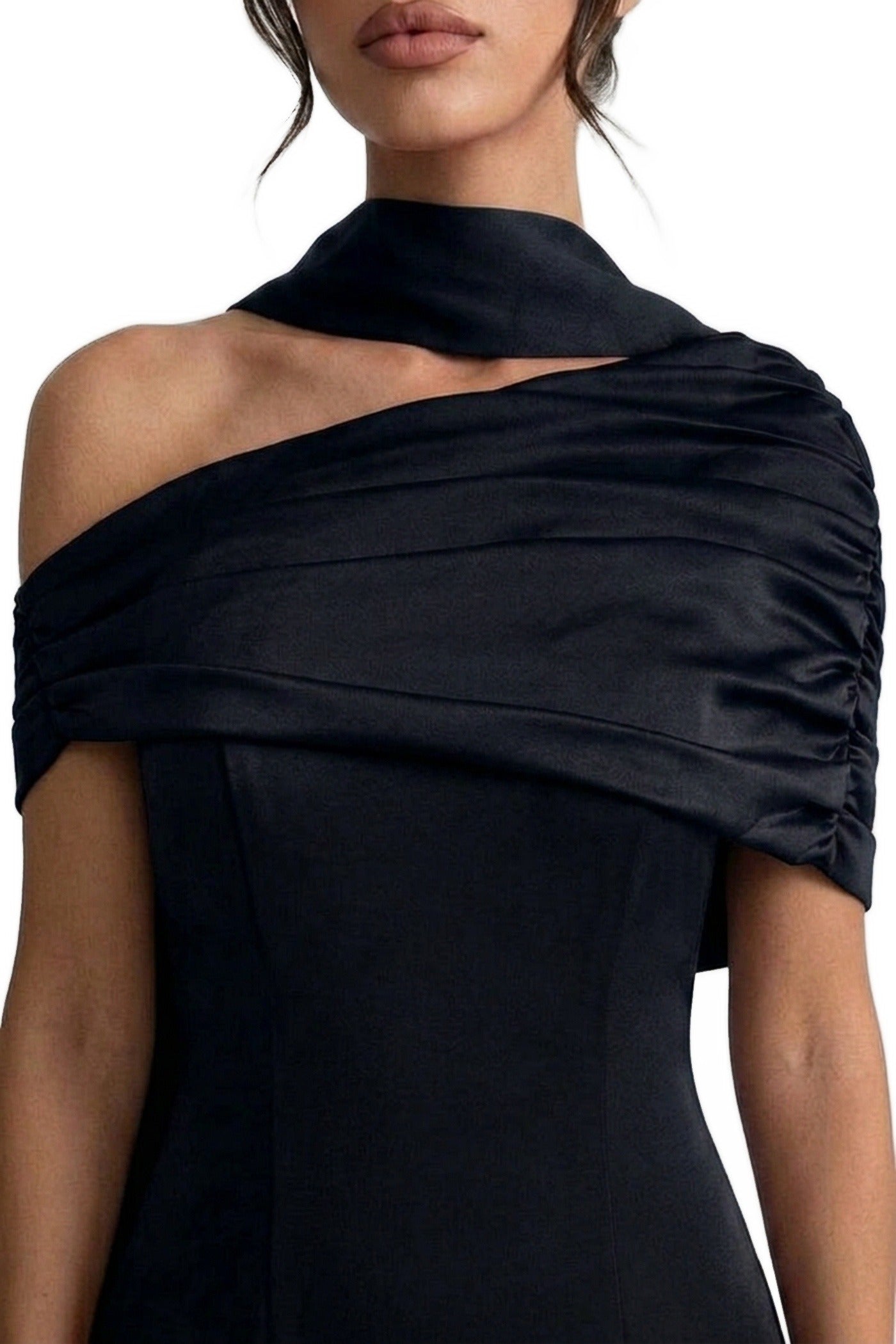 Ambrine Satin Column Gown With Draped Shoulder Wrap And High Neck - Black
