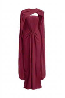 Azuria Strapless Pleated Gown With Draped Chiffon Cape - Red