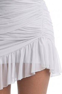 Théa High-Neck Ruched Mini Dress With Side Ruffle - White