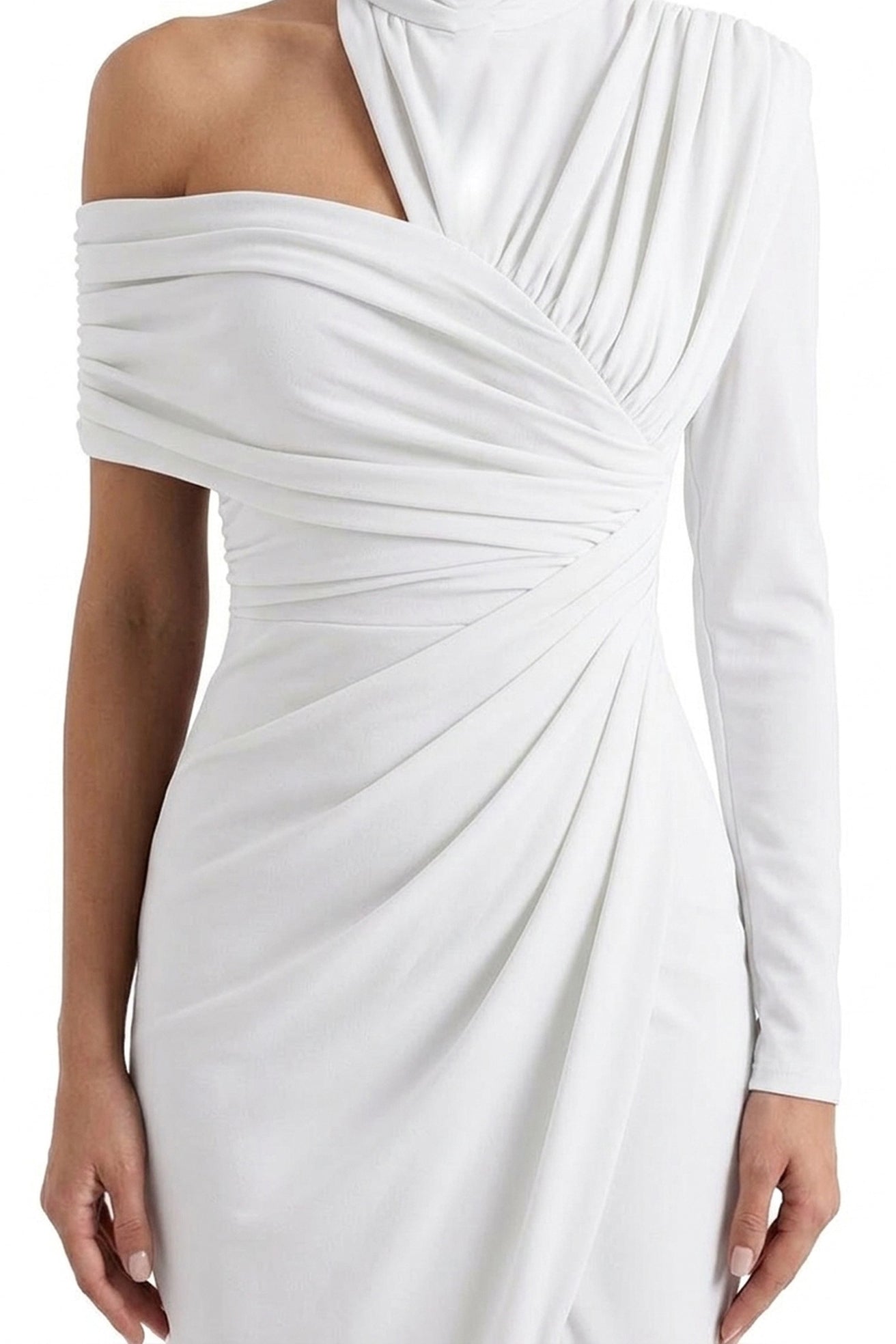 Charline Draped Cold-Shoulder Midi Dress With Front Slit - White