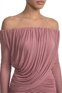 Eléonore Off-Shoulder Mesh Gown With Draped Long Sleeves - Pink
