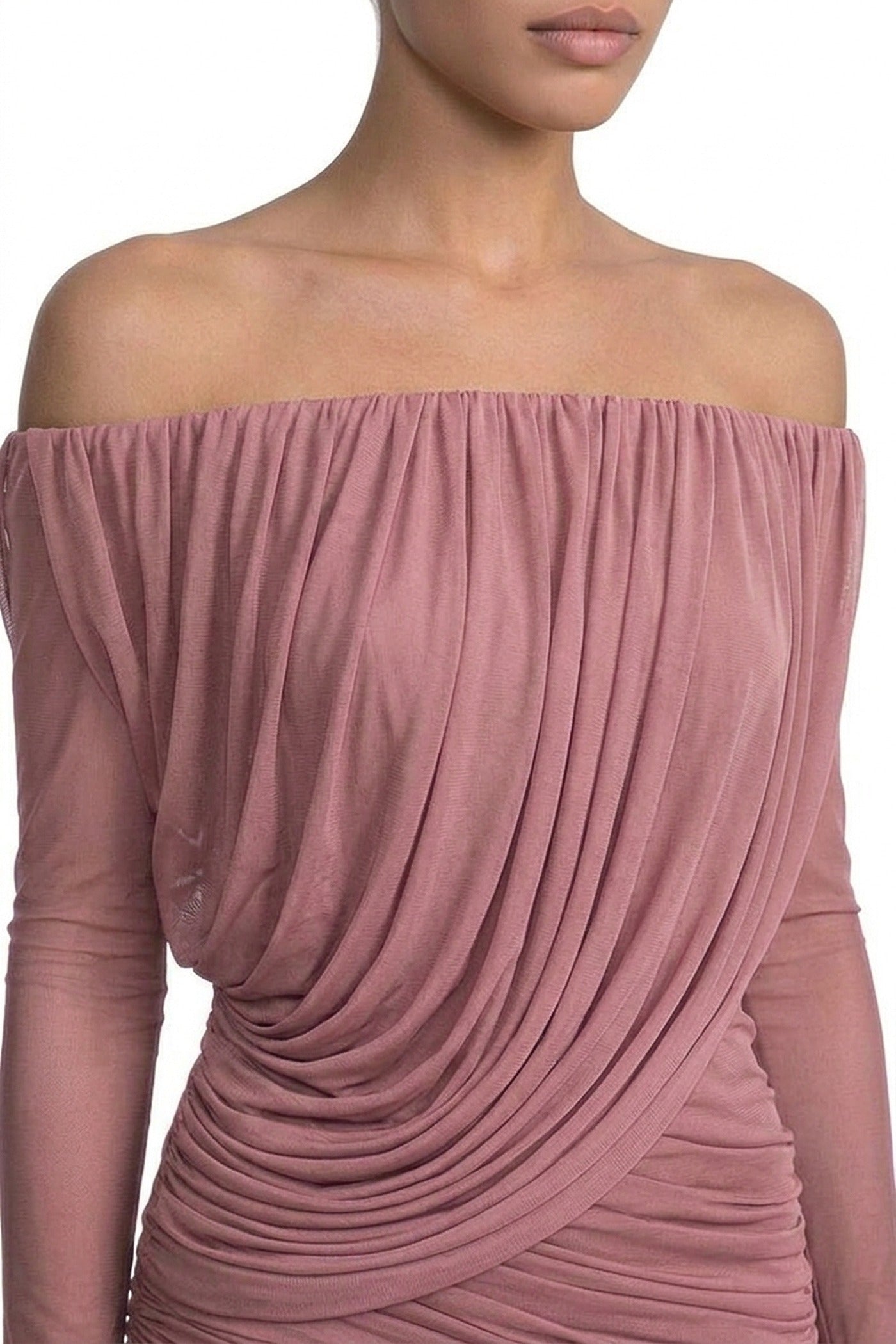 Eléonore Off-Shoulder Mesh Gown With Draped Long Sleeves - Pink