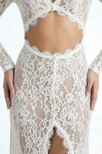 Scarlett Sheer Lace Gown With High Neck And Cutout Bodice And Front Slit - White