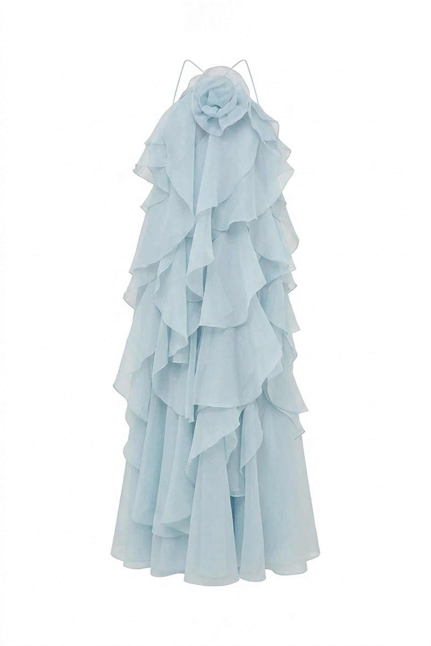 Nicolette Halter Neck Ruffled Organza Gown With 3D Rose Accent - Light blue