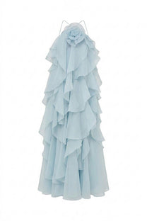 Nicolette Halter Neck Ruffled Organza Gown With 3D Rose Accent - Light blue