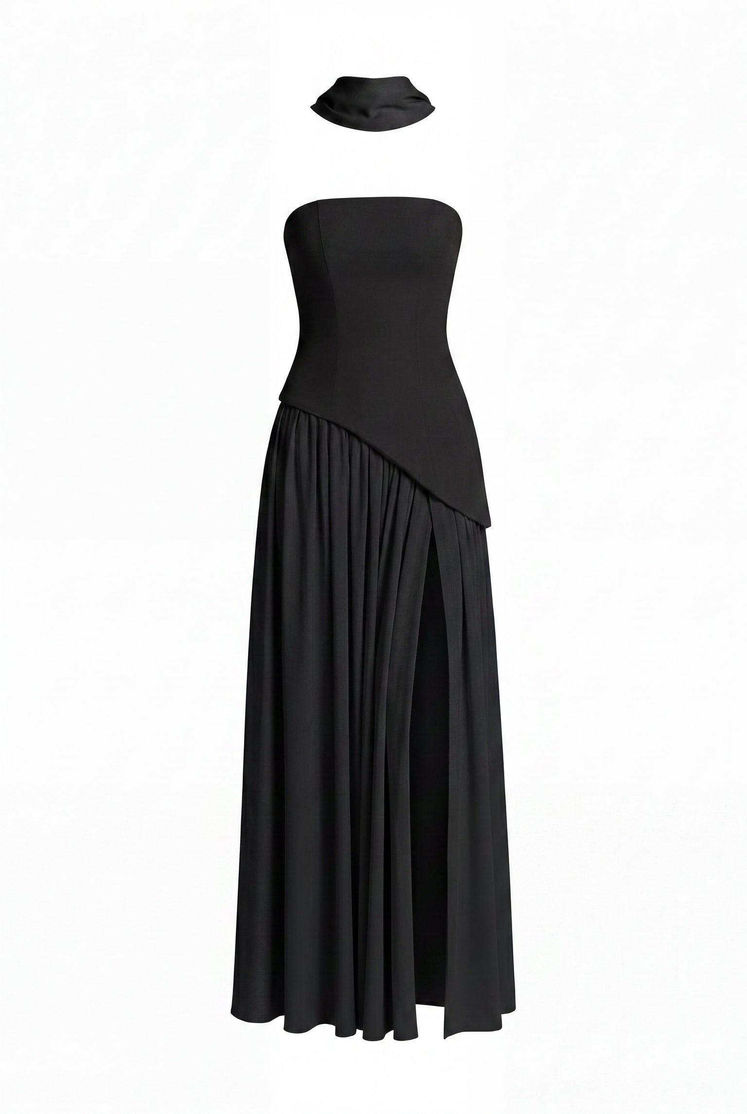 Yolène Strapless Ruched Maxi Dress With Draped Side Slit - Black