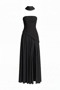 Yolène Strapless Ruched Maxi Dress With Draped Side Slit - Black