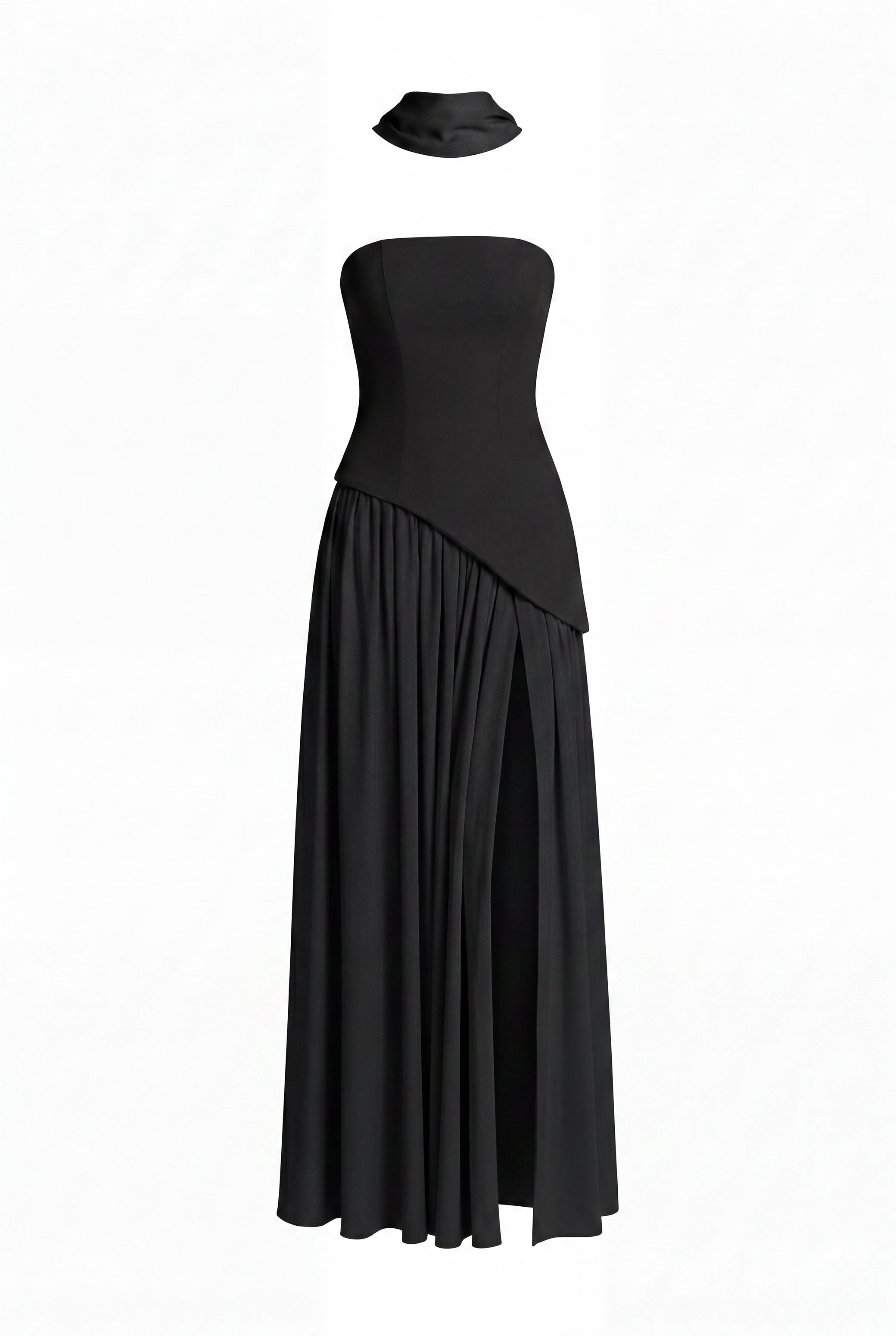 Yolène Strapless Ruched Maxi Dress With Draped Side Slit - Black