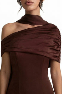 Ambrine Satin Column Gown With Draped Shoulder Wrap And High Neck - Brown