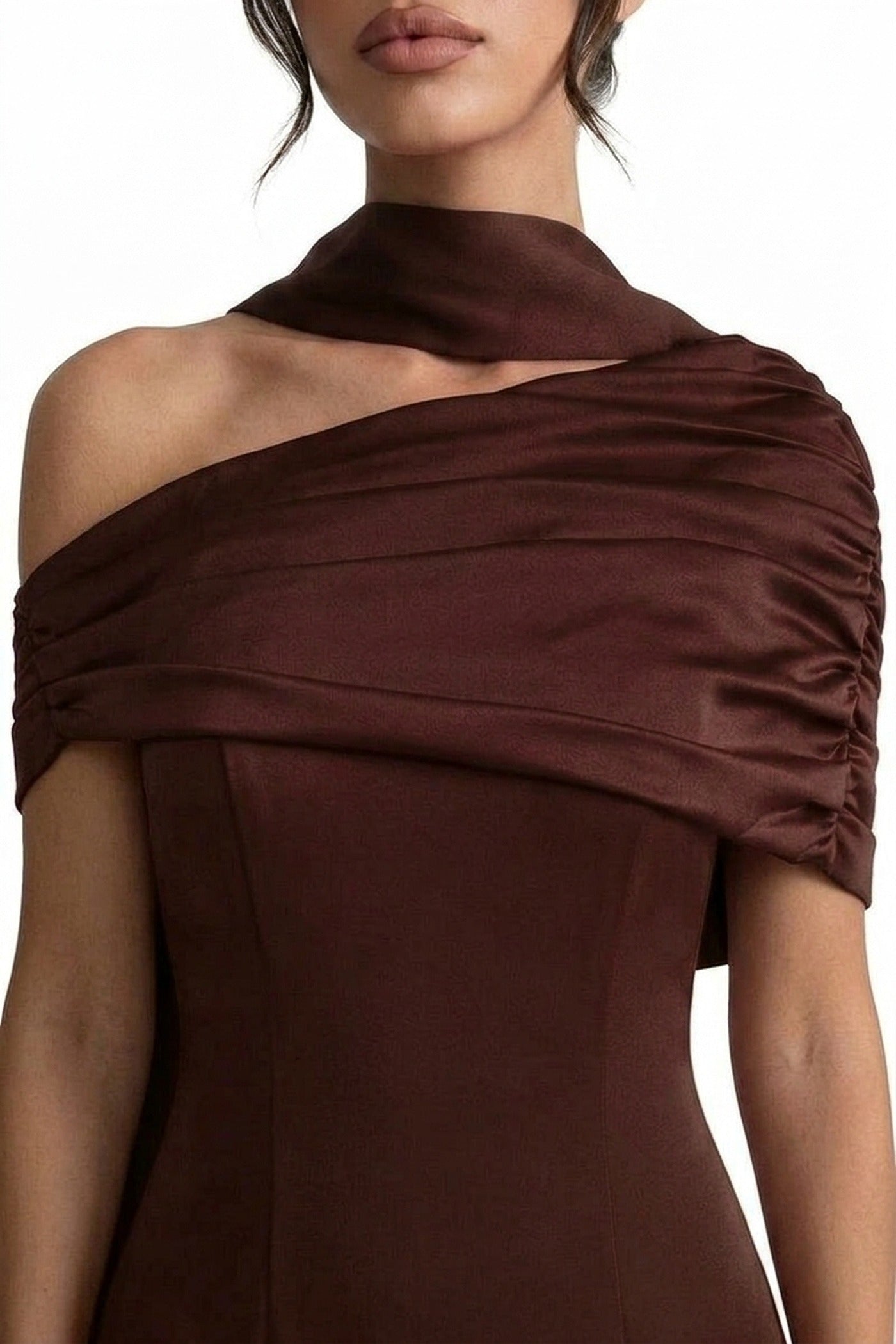 Ambrine Satin Column Gown With Draped Shoulder Wrap And High Neck - Brown