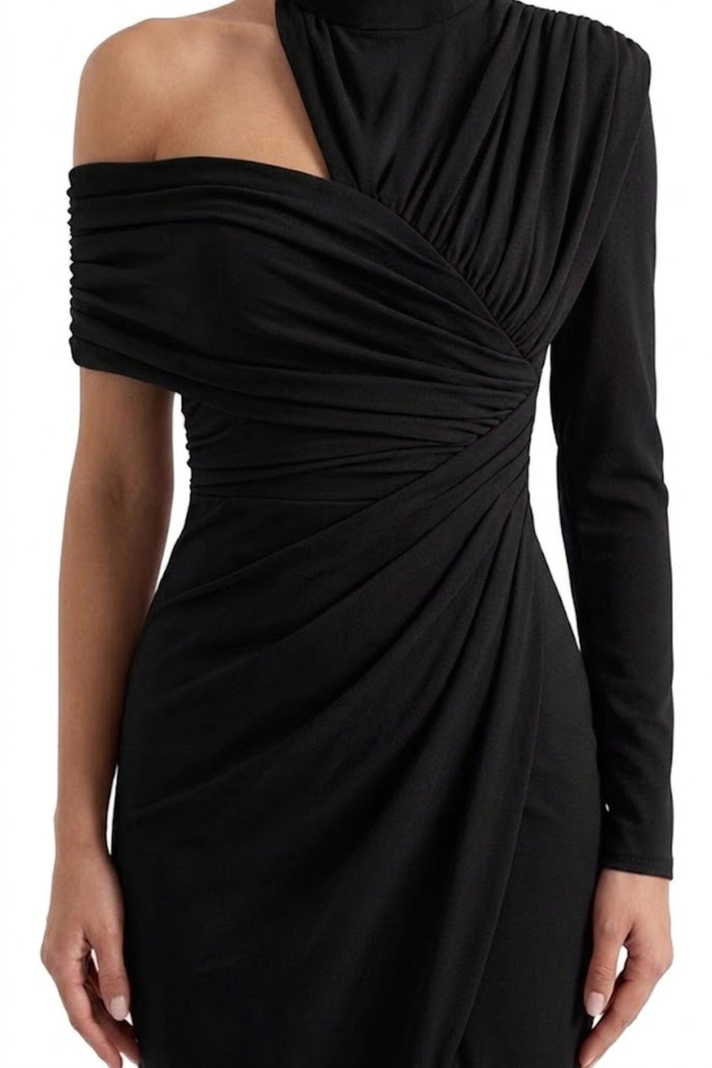 Charline Draped Cold-Shoulder Midi Dress With Front Slit - Black