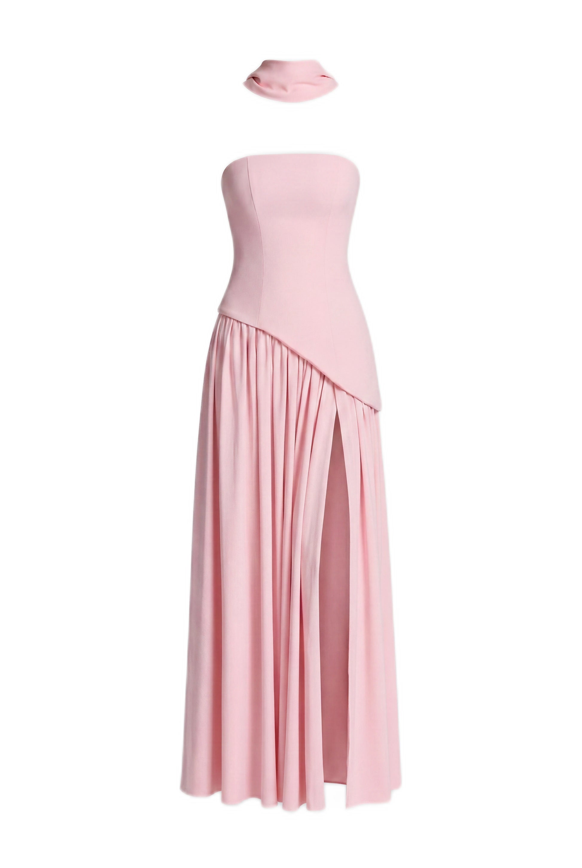 Yolène Strapless Ruched Maxi Dress With Draped Side Slit - Pink