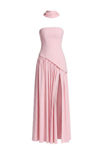 Yolène Strapless Ruched Maxi Dress With Draped Side Slit - Pink