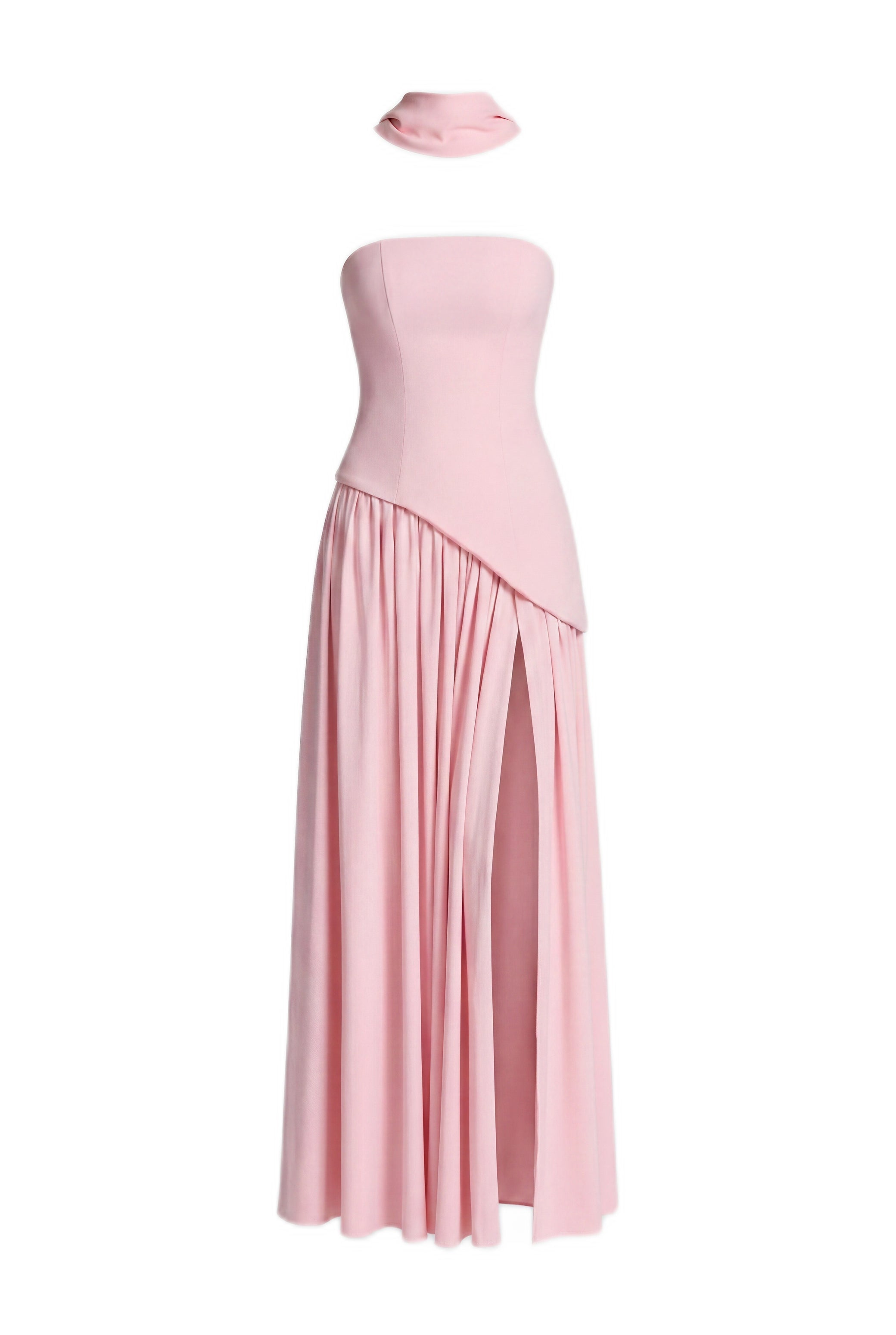 Yolène Strapless Ruched Maxi Dress With Draped Side Slit - Pink