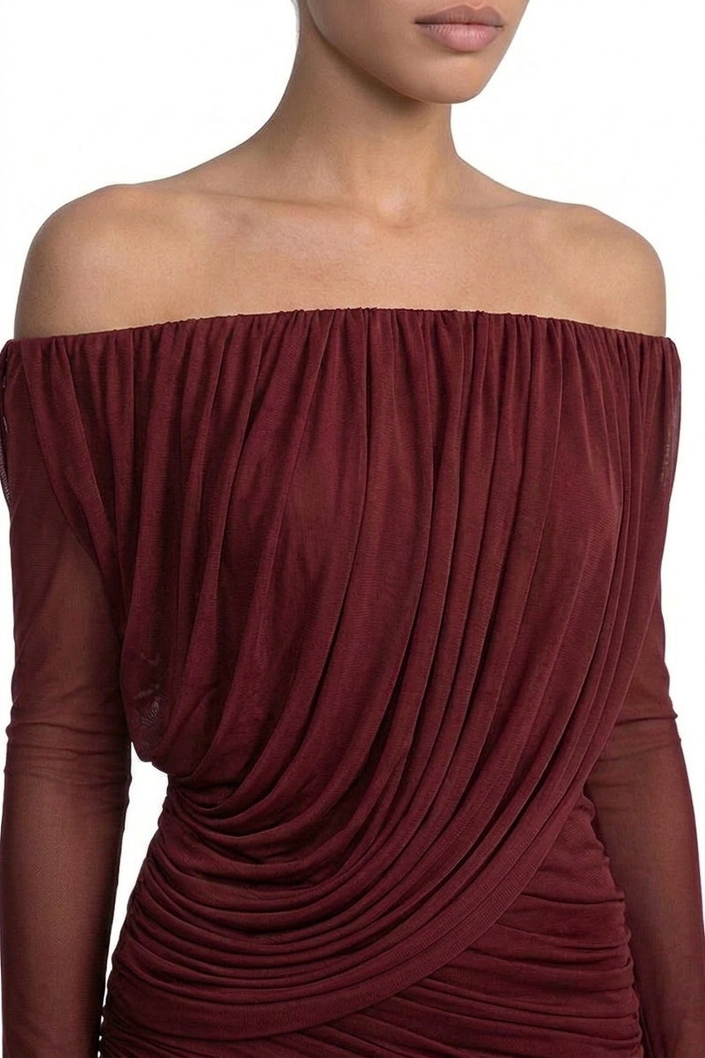 Eléonore Off-Shoulder Mesh Gown With Draped Long Sleeves - Burgundy
