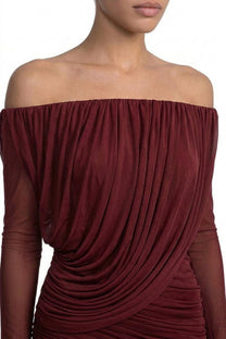 Eléonore Off-Shoulder Mesh Gown With Draped Long Sleeves - Burgundy