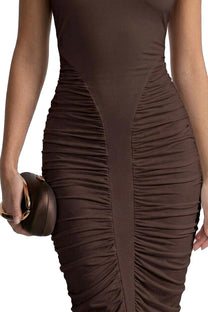 Sylvaine Halter Neck Ruched Mermaid Gown With Open Back - Brown