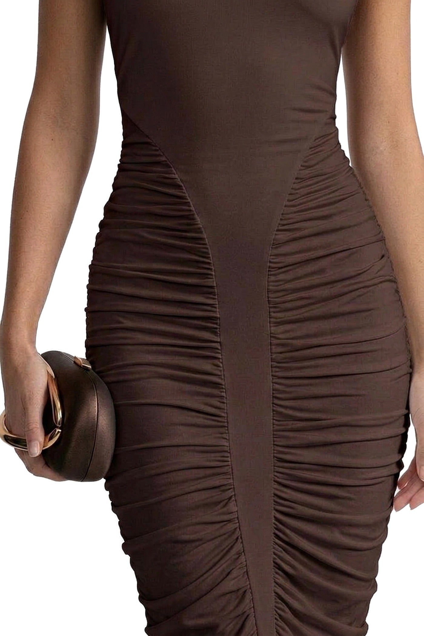 Sylvaine Halter Neck Ruched Mermaid Gown With Open Back - Brown