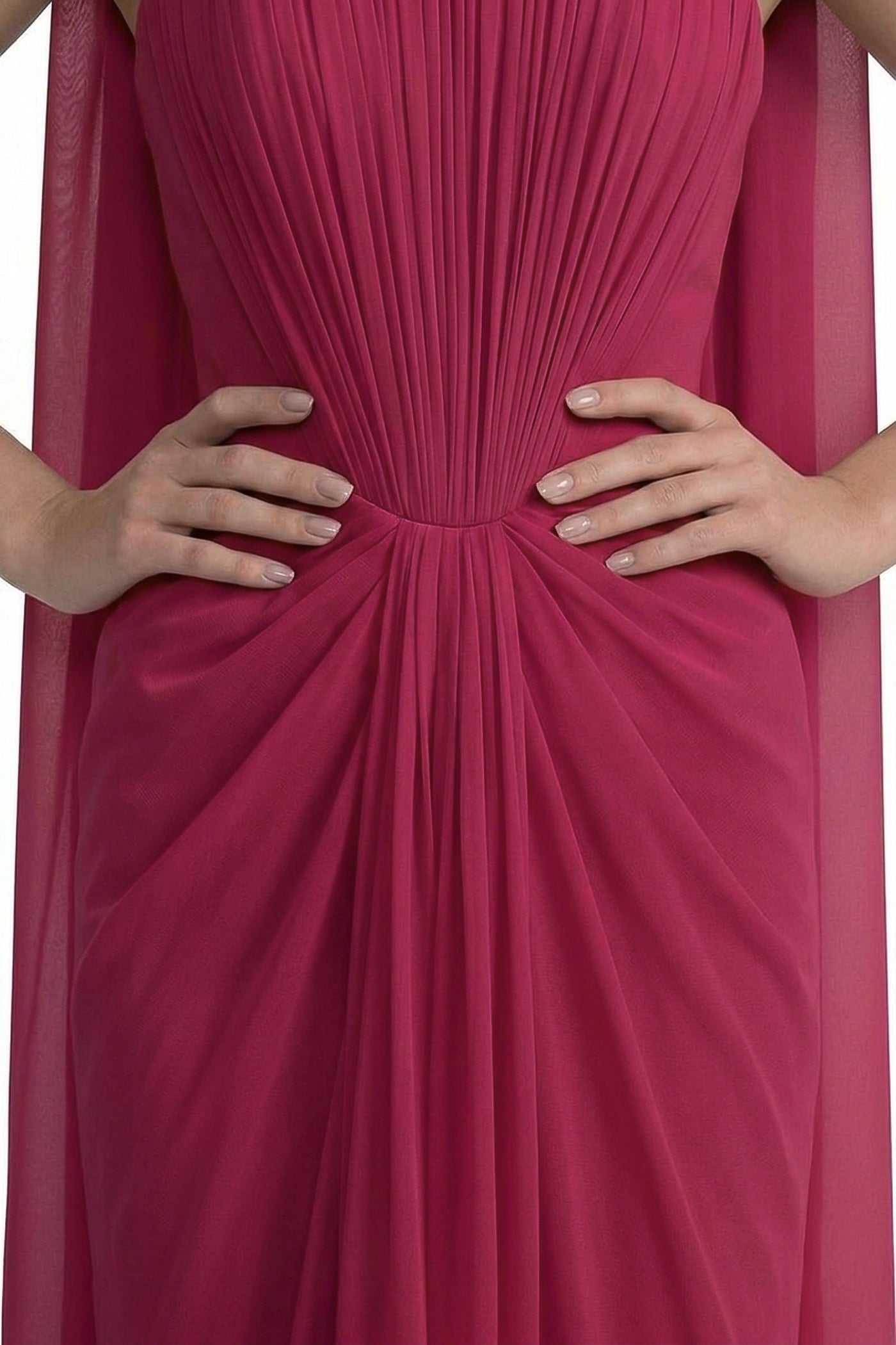 Azuria Strapless Pleated Gown With Draped Chiffon Cape - Red