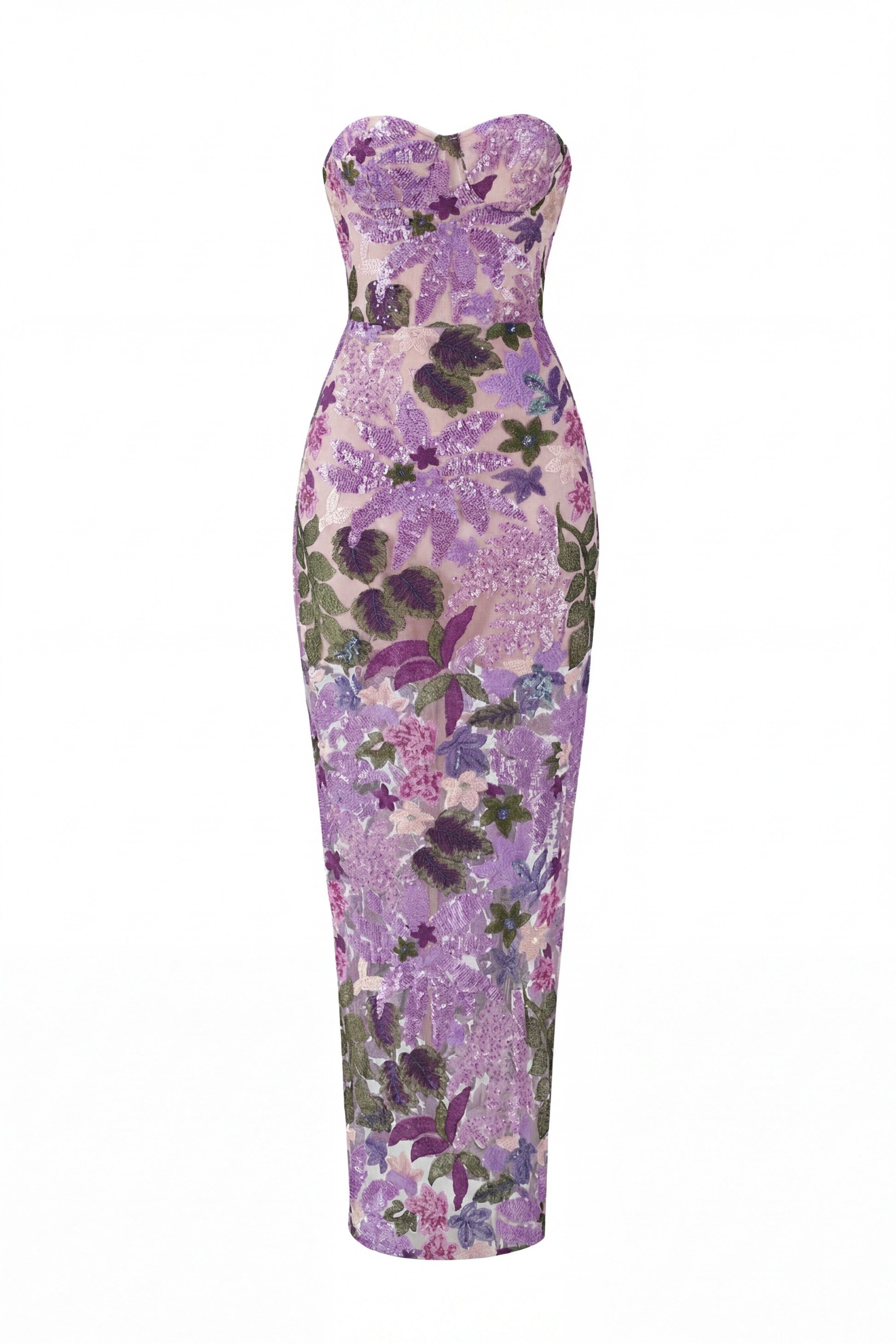 Herminie Strapless Floral Sequin Maxi Dress With Column Silhouette - Purple