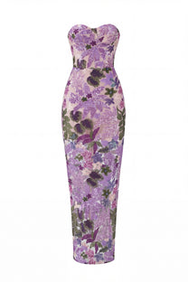 Herminie Strapless Floral Sequin Maxi Dress With Column Silhouette - Purple