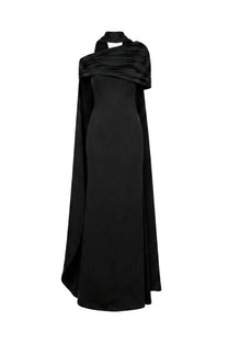 Ambrine Satin Column Gown With Draped Shoulder Wrap And High Neck - Black