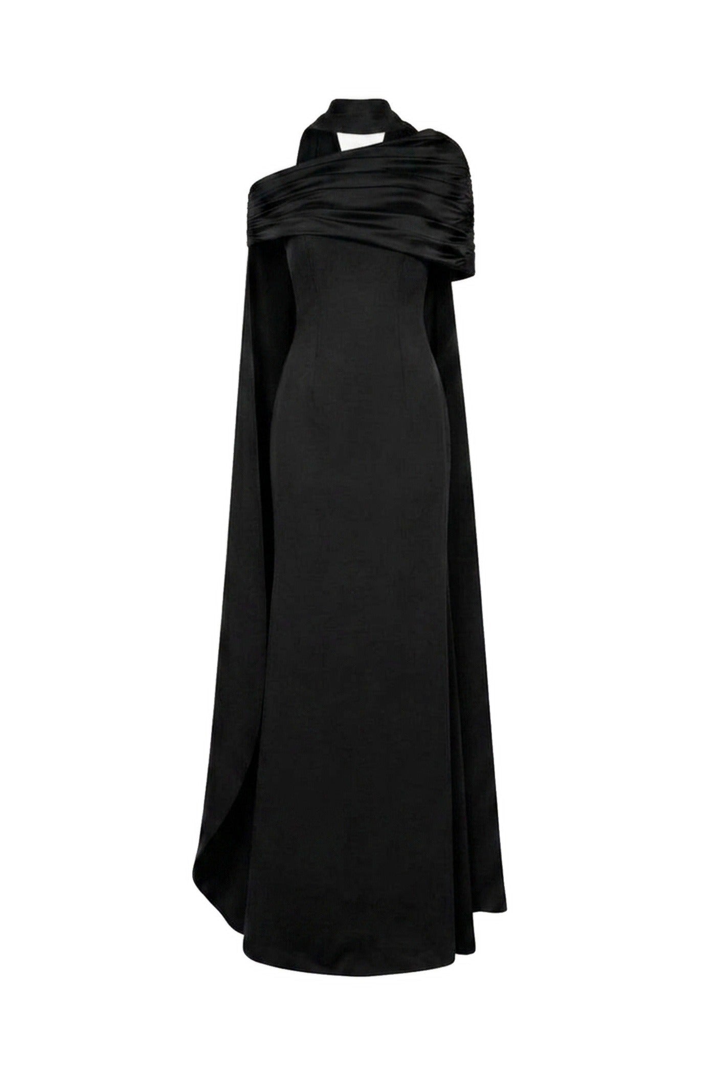 Ambrine Satin Column Gown With Draped Shoulder Wrap And High Neck - Black