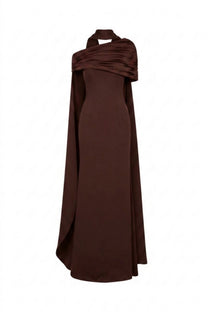 Ambrine Satin Column Gown With Draped Shoulder Wrap And High Neck - Brown