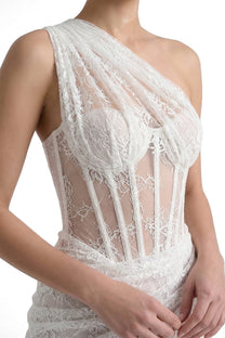 Séraphine One-Shoulder Lace Gown With Sheer Corset Bodice - White