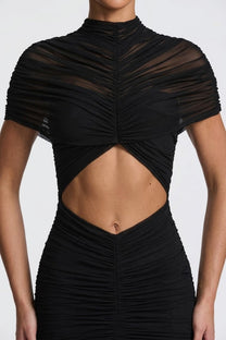 Odette gerafftes Twist-Front Maxikleid mit Cutout-Taille – Schwarz