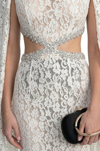 Mirabelle Lace Mermaid Gown With Cape Sleeves And Crystal Waist Detail - White