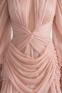 Théa High-Neck Ruched Mini Dress With Side Ruffle - Peach