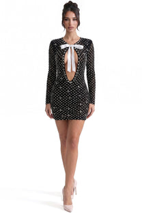 Rosaline Long-Sleeve Mini Dress With Pearl Embellishments And Bow Tie Cutout - Black