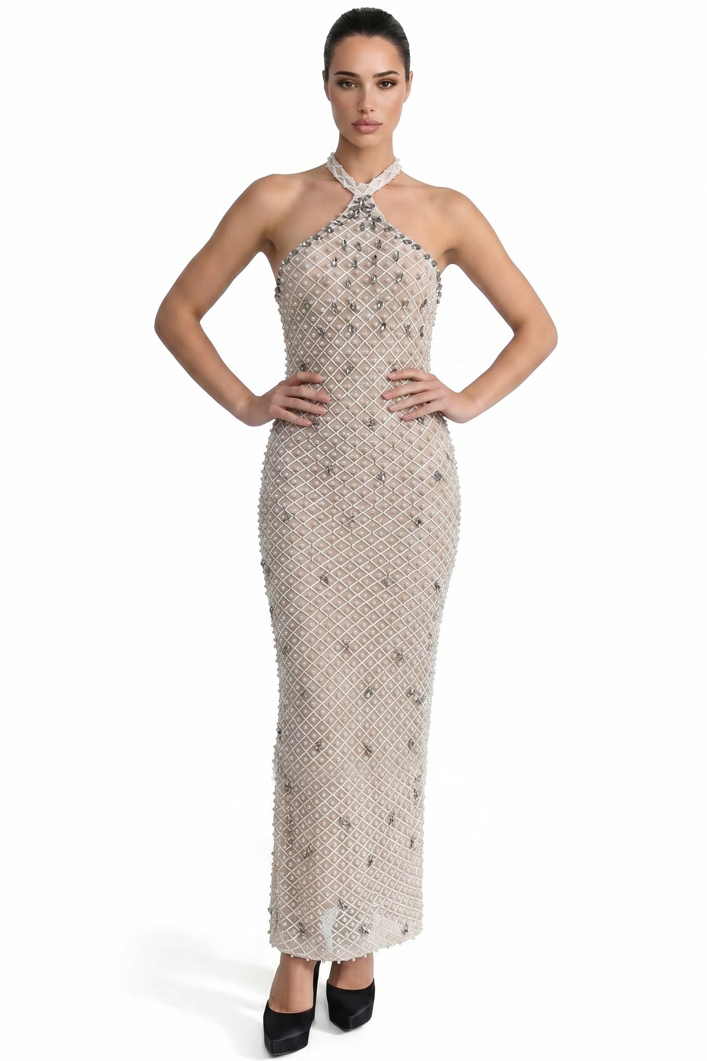 Violaine Halter Neck Crystal-Embellished Mermaid Gown With Back Slit - Beige