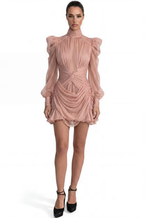Théa High-Neck Ruched Mini Dress With Side Ruffle - Peach