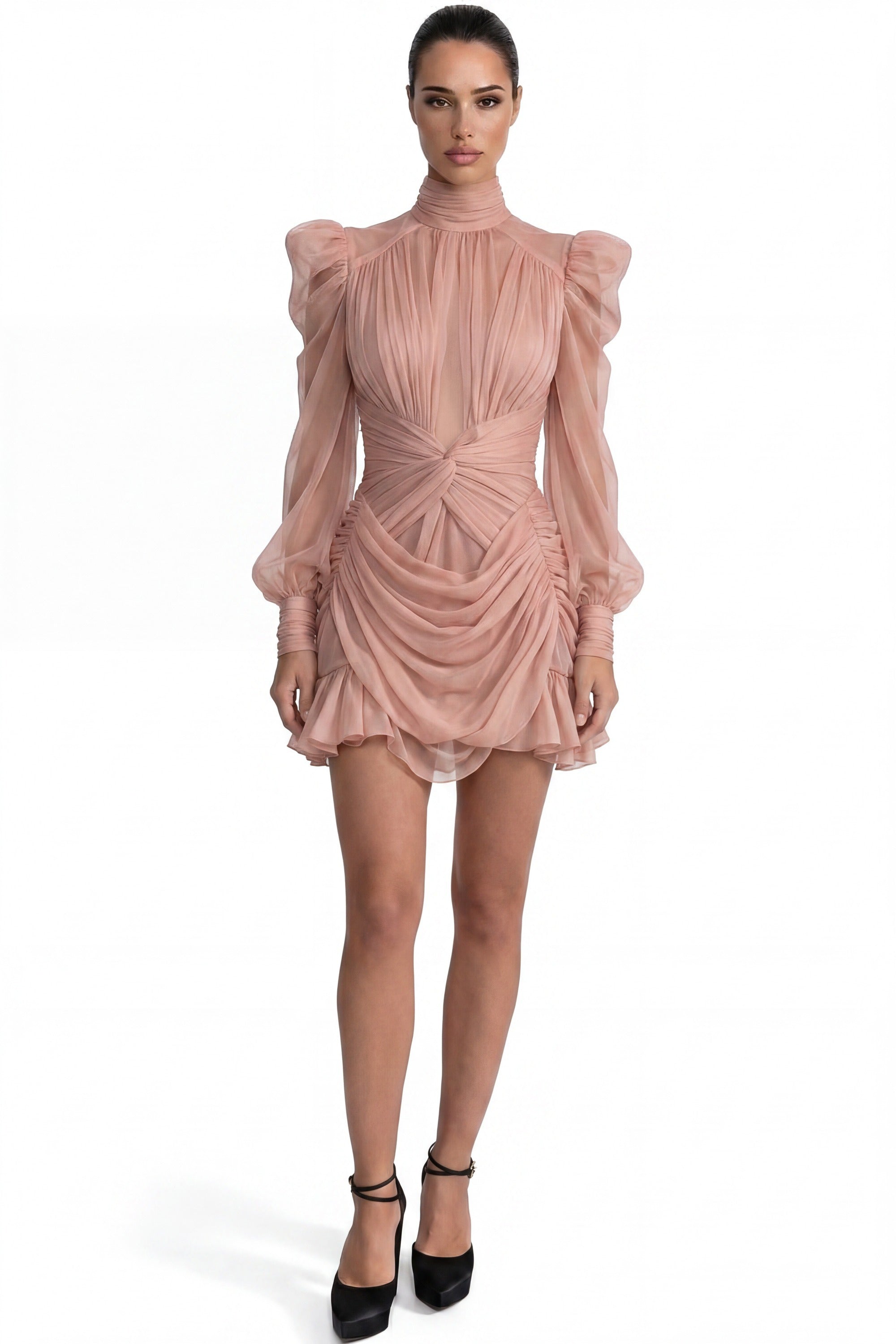Théa High-Neck Ruched Mini Dress With Side Ruffle - Peach