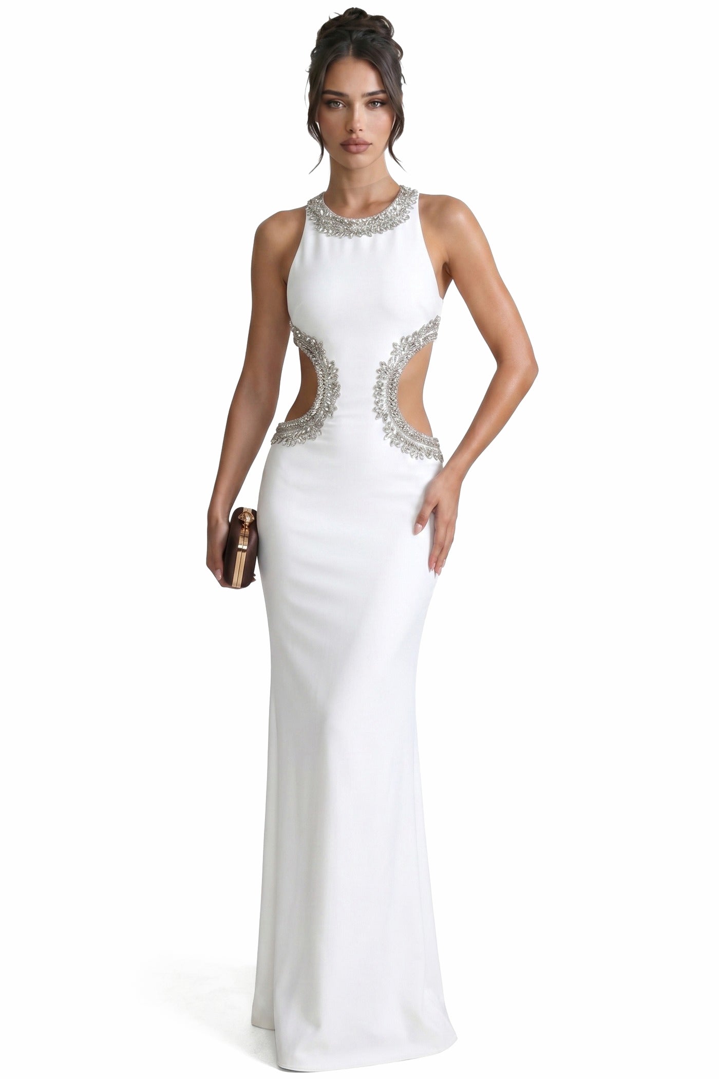 Elvire High-Neck Sleeveless Gown With Crystal Back Embroidery And Side Slit - White