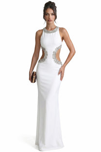 Elvire High-Neck Sleeveless Gown With Crystal Back Embroidery And Side Slit - White