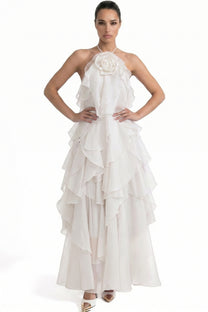 Nicolette Halter Neck Ruffled Organza Gown With 3D Rose Accent - White