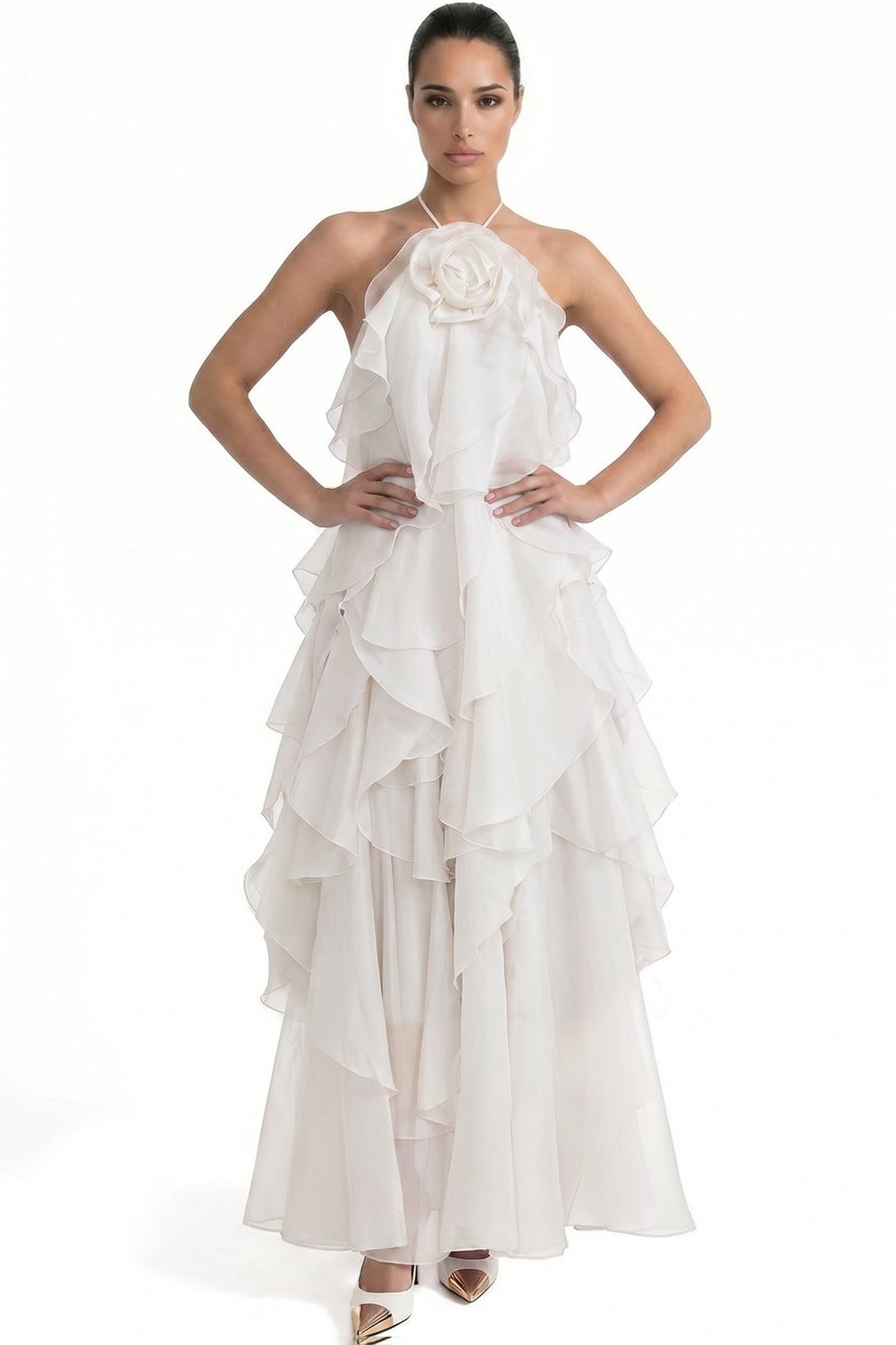 Nicolette Halter Neck Ruffled Organza Gown With 3D Rose Accent - White