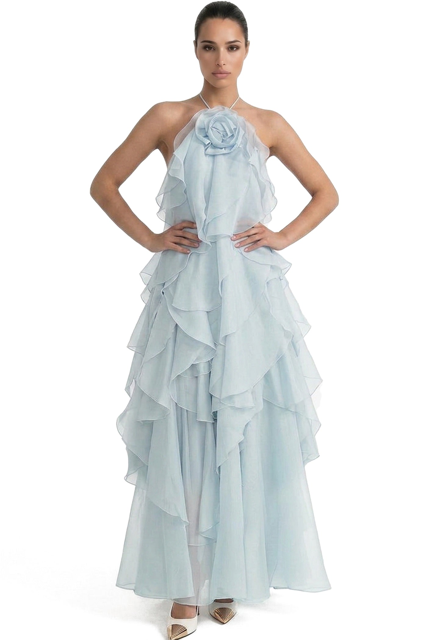 Nicolette Halter Neck Ruffled Organza Gown With 3D Rose Accent - Light blue