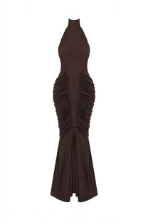 Sylvaine Halter Neck Ruched Mermaid Gown With Open Back - Brown